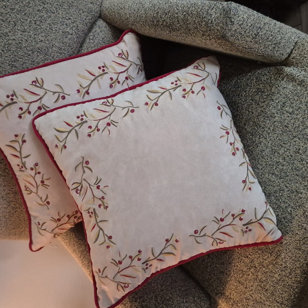 Two Twig And Berry Embroidered Accent Pillows